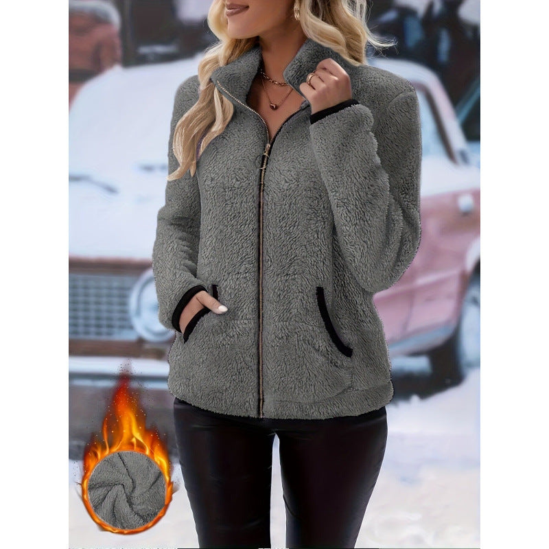 Women's thermal sherpa fleece jacket with stand-up collar, contrast edges and ring zipper Mune Fashion