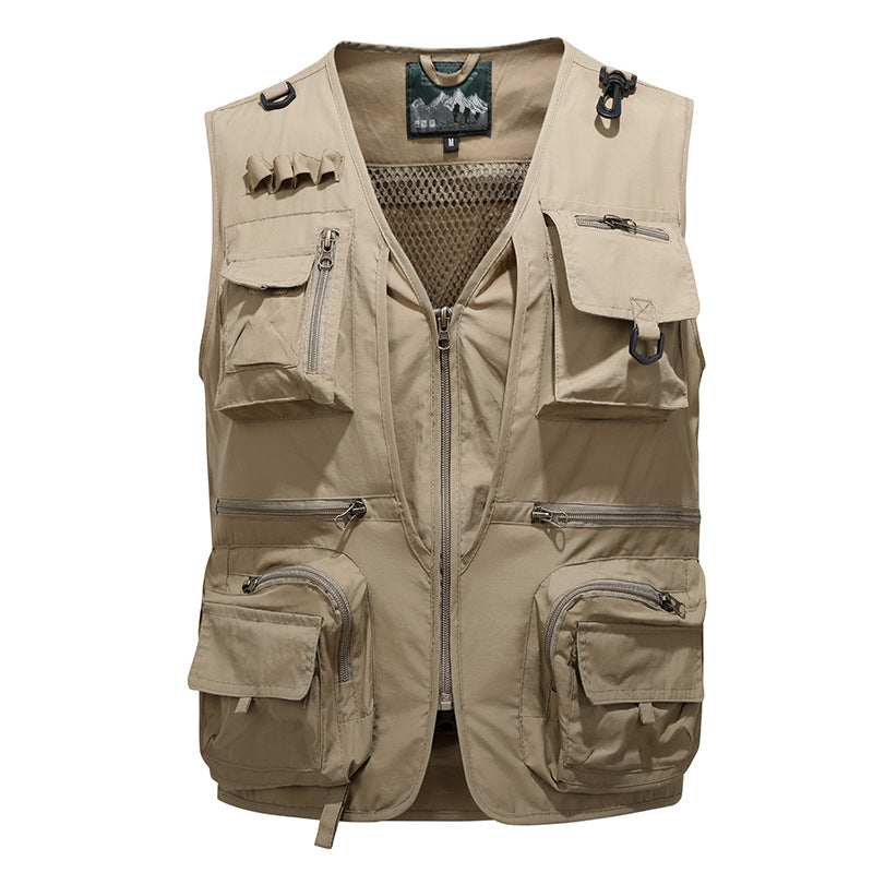 Men's multifunctional fishing vest with mesh lining, multiple zipper and flap pockets.