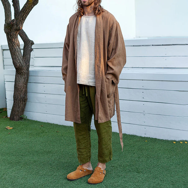 Men's Long Linen Kimono Coat in Relaxed Fit with Tie Belt Mune Fashion