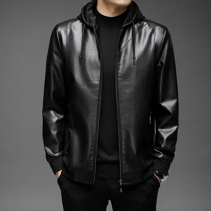 Men's Hooded Imitation Leather Blouson with Zipper and Elastic Cuffs Mune Fashion