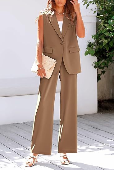 Women's Sleeveless Longline Blazer Vest and Wide High Waist Pants Set Mune Fashion