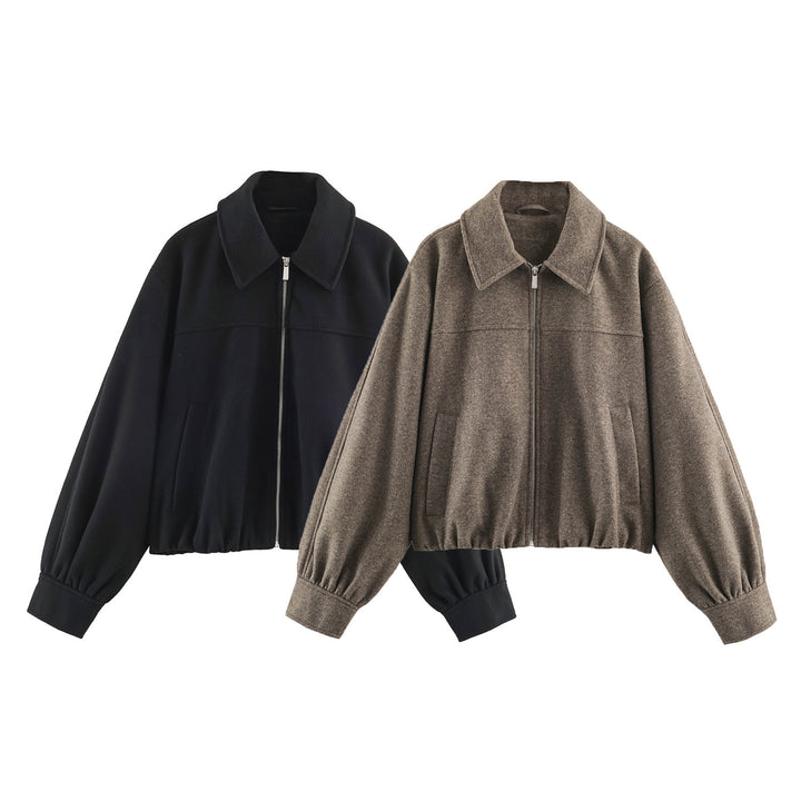 Women's short-cut wool imitation bomber jacket with balloon sleeves and wide collar Mune Fashion