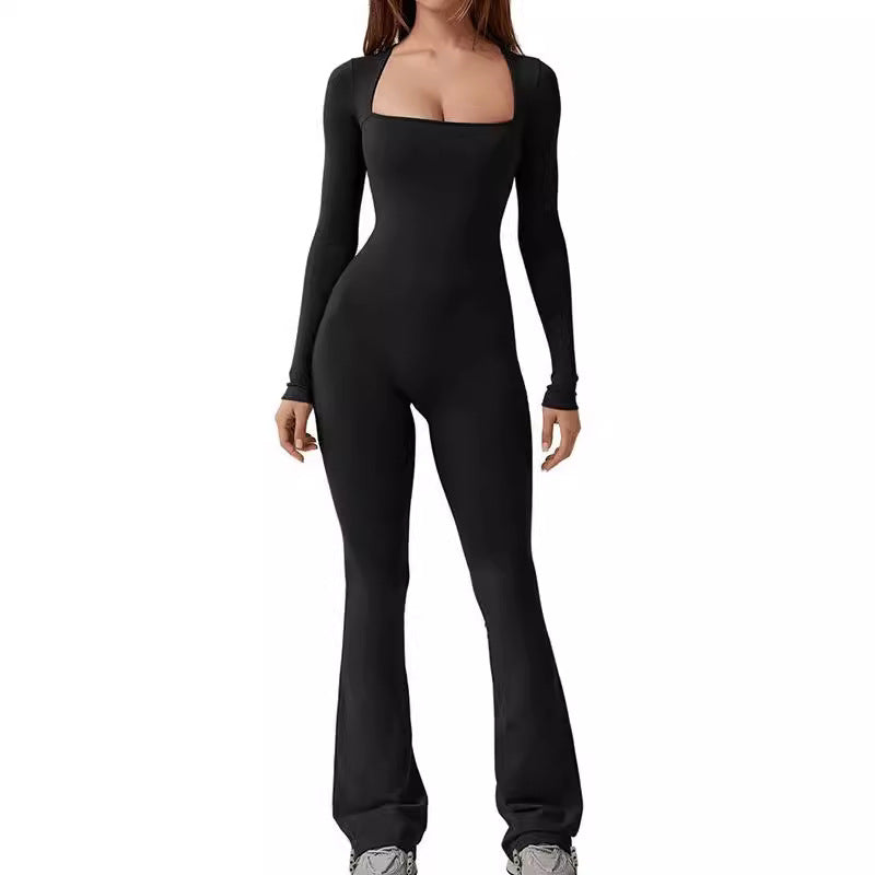 Women's form-fitting long-sleeve jumpsuit with square neckline and flared pants Mune Fashion