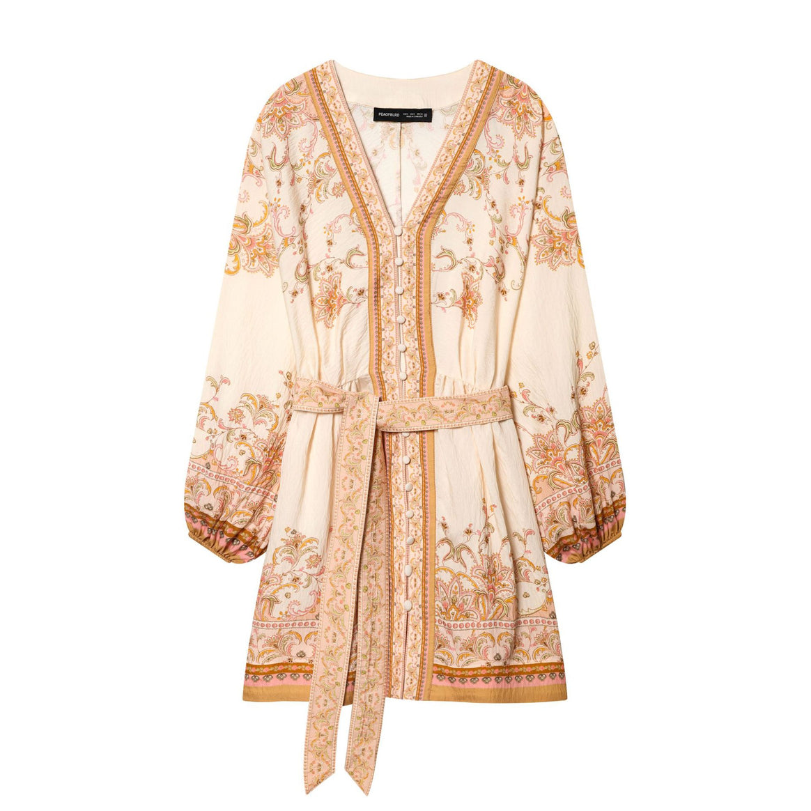 Women's embroidered Boho mini dress with deep V-neck, continuous button placket, figure-flattering tie belt, and balloon sleeves Mune Fashion