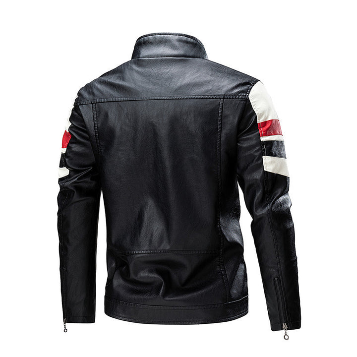 Men's retro-inspired motorcycle leather jacket with racing stripes and stand-up collar Mune Fashion