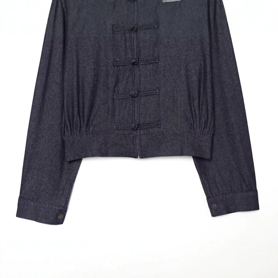 Women's Cropped Jeans Jacket in China Style with Mandarin Collars and Knot Closures Mune Fashion