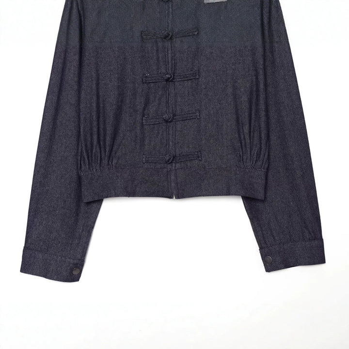 Women's Cropped Jeans Jacket in China Style with Mandarin Collars and Knot Closures Mune Fashion