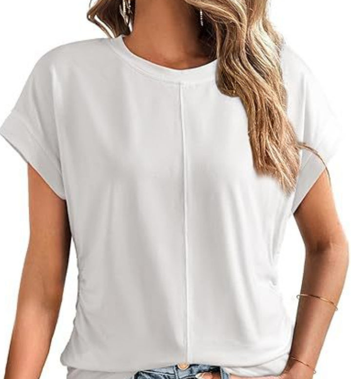 Women's Relaxed-Fit Short Sleeve Shirt with Decorative Center Seams and Cuffed Sleeves Mune Fashion