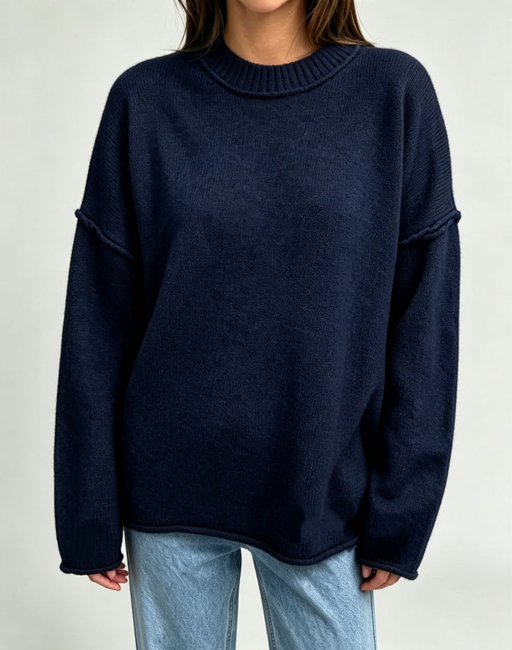 Women Oversize Boxy Sweater with short stand-up collar and decorative edge seam Mune Fashion