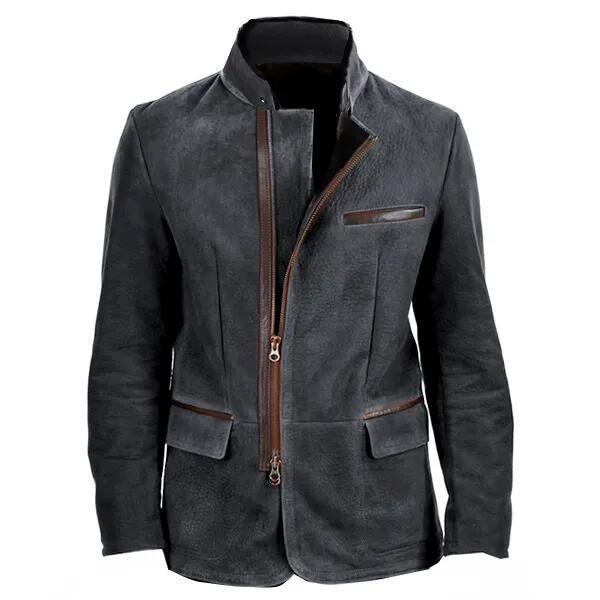 Men's leather jacket with high stand-up collar and asymmetrical two-way zipper Mune Fashion