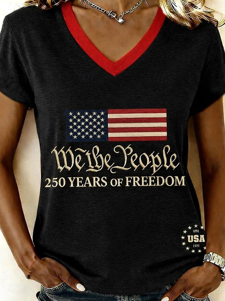 Women’s V-neck Retro Print T-shirt with Eagle Emblem and vintage-inspired Graphic Mune Fashion