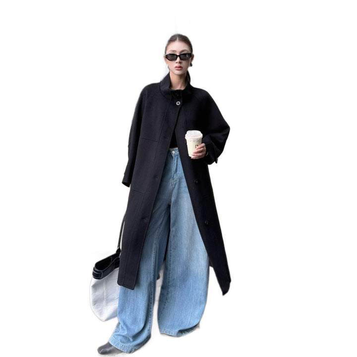 Women's Oversized Wool Coat with Stand-Up Collar and Large Flap Pockets Mune Fashion