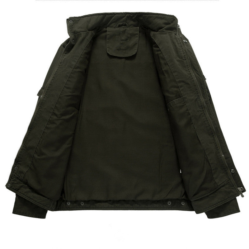 Men's canvas field jacket in military utility style with stand-up collar, epaulettes, and multifunctional pockets Mune Fashion
