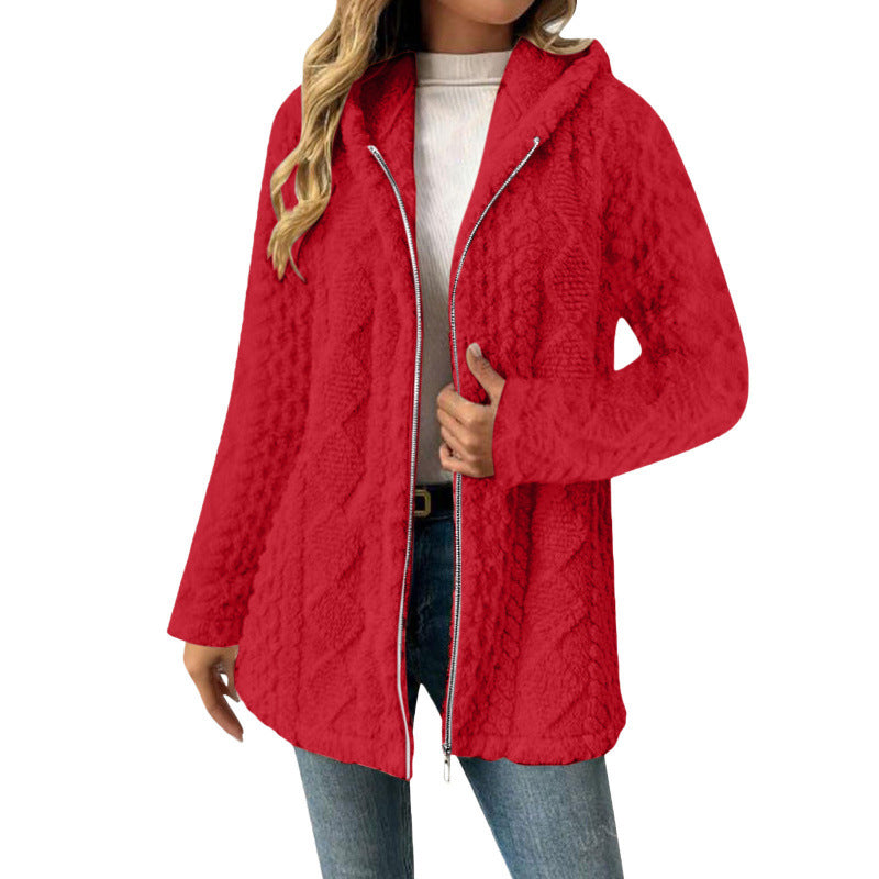 Women's Hooded Sherpa Jacket with Cable Pattern, Medium Length and Two-Way Zipper Mune Fashion