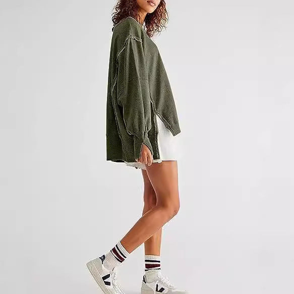 Women's Oversized Sweatshirt with Balloon Sleeves, Side Slits and Raw Edges Mune Fashion