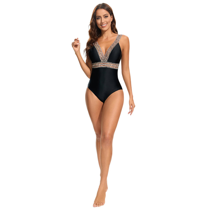 Women's Elegant One-Piece Swimsuit with Deep V-Neck and Sparkling Accents Mune Fashion