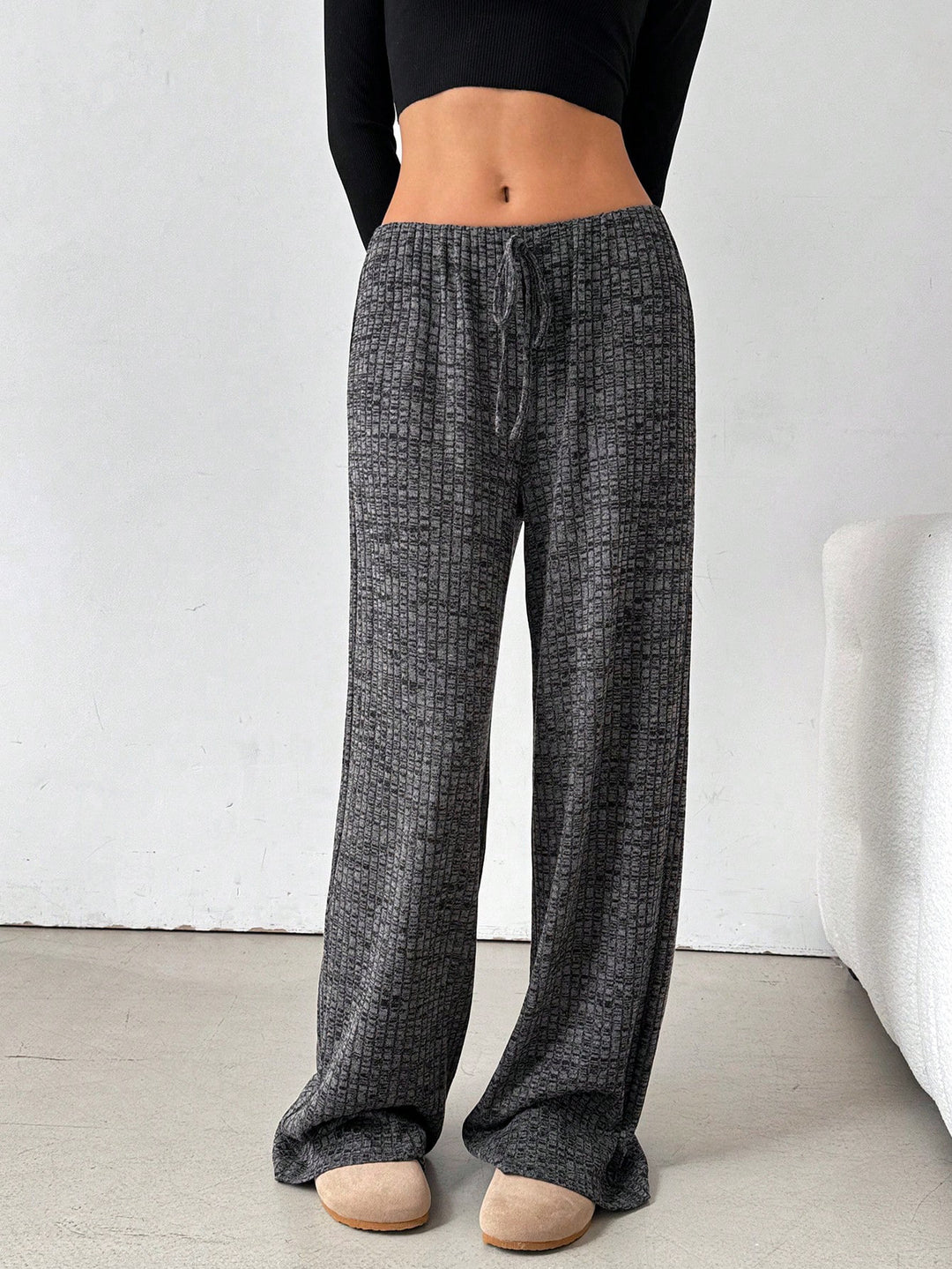 Women's loungewear pants with wide leg, ribbed fine knit and drawstring Mune Fashion