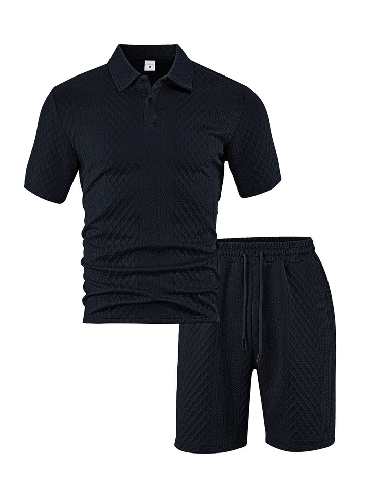 Men's elegant leisure two-piece made of textured knit with polo collar short-sleeve shirt and drawstring Bermuda Mune Fashion
