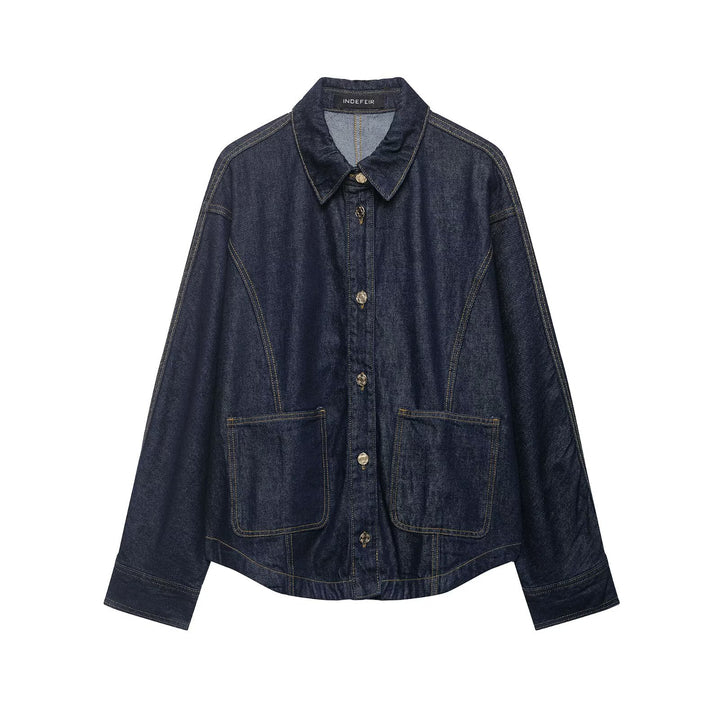 Women's Oversized Denim Jacket with Patch Pockets and Decorative Stitches Mune Fashion