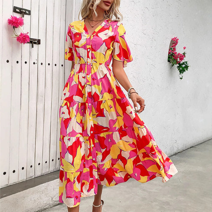 Women Tiered Midi Dress with Continuous Button Placket, Fitted Elastic Waistband and Ruffle Sleeves Mune Fashion