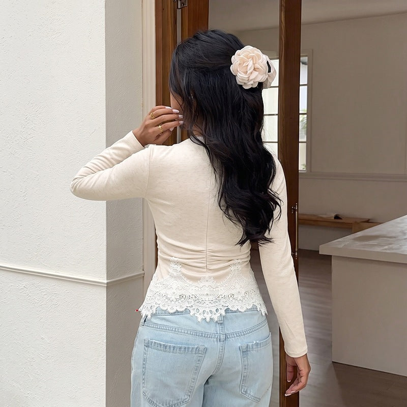 Women Elegant Long Sleeve Top with Lace Accents Mune Fashion