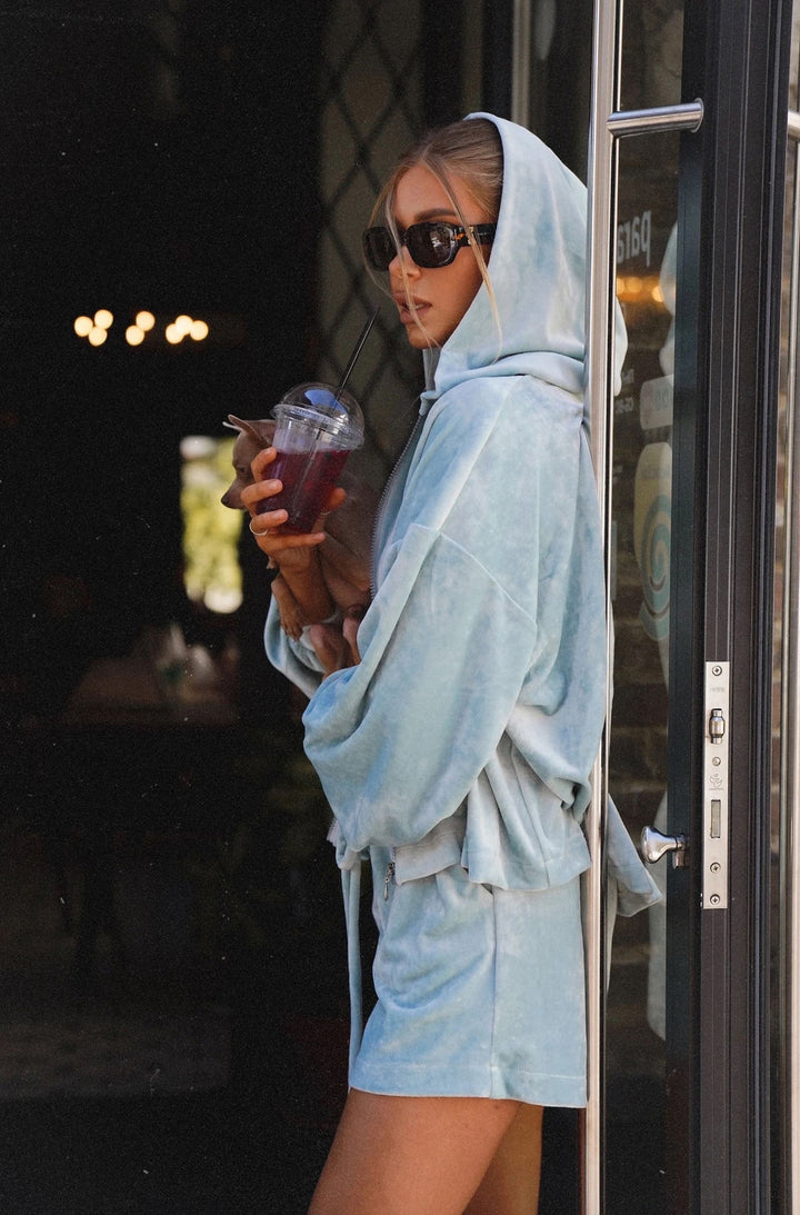 Women's casual velour lounge set with cropped hooded jacket and high-waisted shorts Mune Fashion