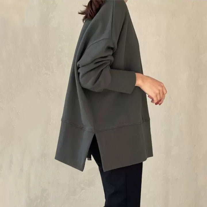 Women Boxy Sweatshirt with extended hem band, side slits, and raglan sleeves Mune Fashion