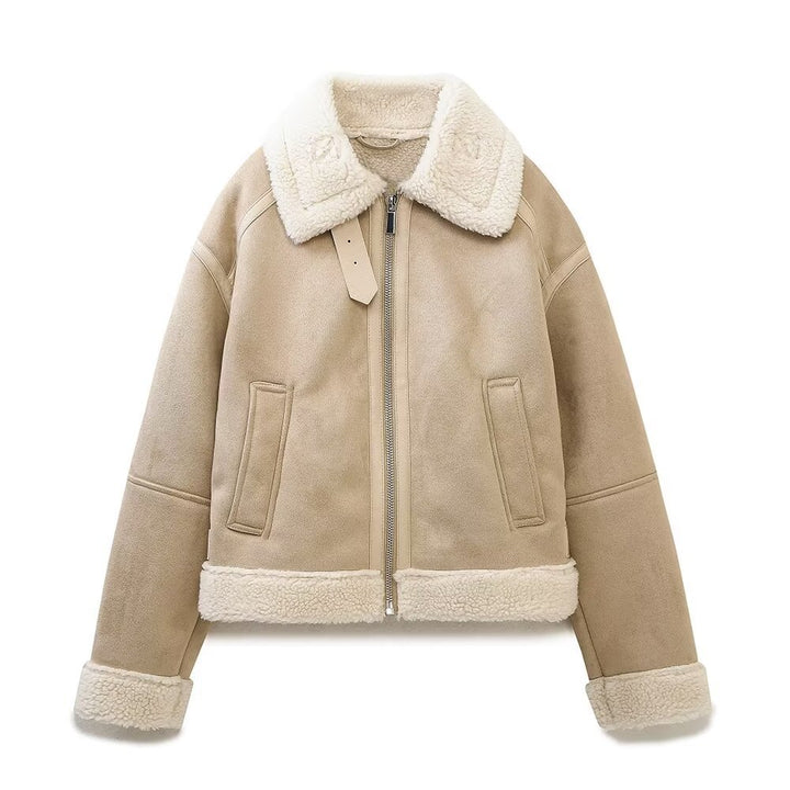 Women's High-Cut Pilot Jacket made of Vegan Leather Look with Teddy Lining and Zipper Mune Fashion