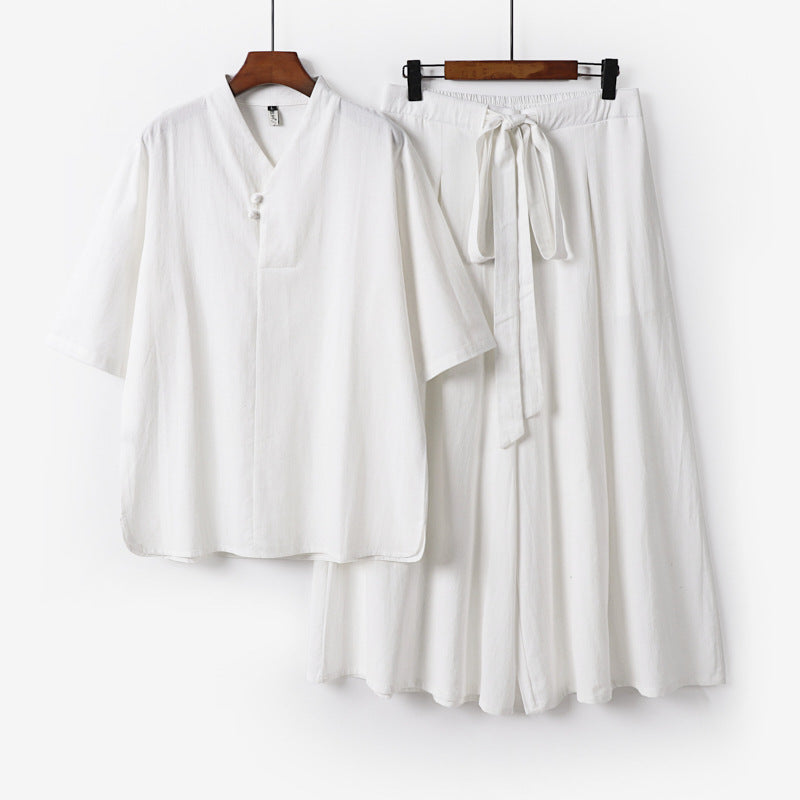 Unisex Two-Piece Kimono Lounge Set with Stand Collar Short Sleeve Top and Loose Tie Waist Pants Mune Fashion