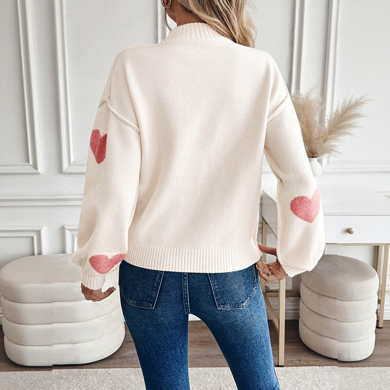 Women's Cozy Knit Sweater with Heart Intarsias and Stand-Up Collar Mune Fashion