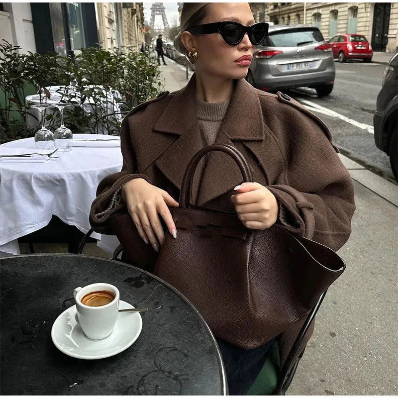 Women’s short cut double-breasted wool blend trench coat with waist belt Mune Fashion
