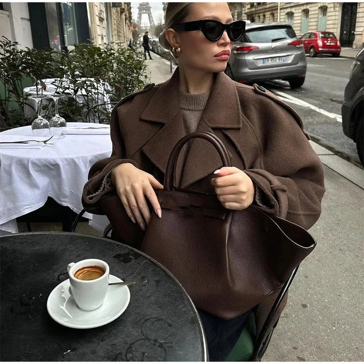 Women’s short cut double-breasted wool blend trench coat with waist belt Mune Fashion