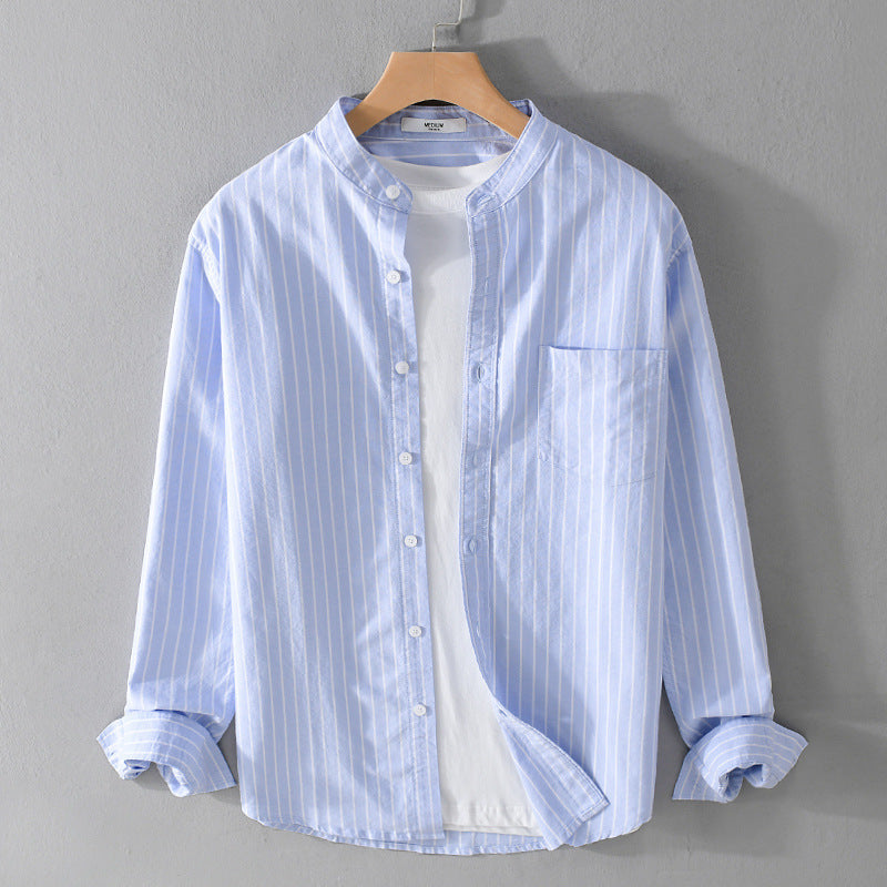 Men's Lightweight Stand Collar Long Sleeve Shirt made of Cotton Blend with Fine Pinstripe and Chest Pocket Mune Fashion