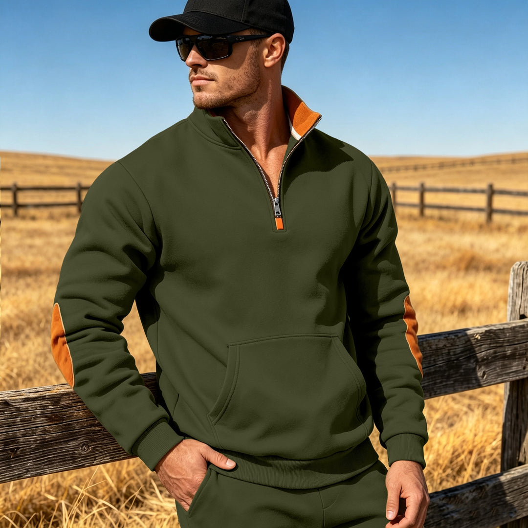 Men's Athletic Half-Zip Sweatshirt with Elbow Patches and Kangaroo Pocket Mune Fashion