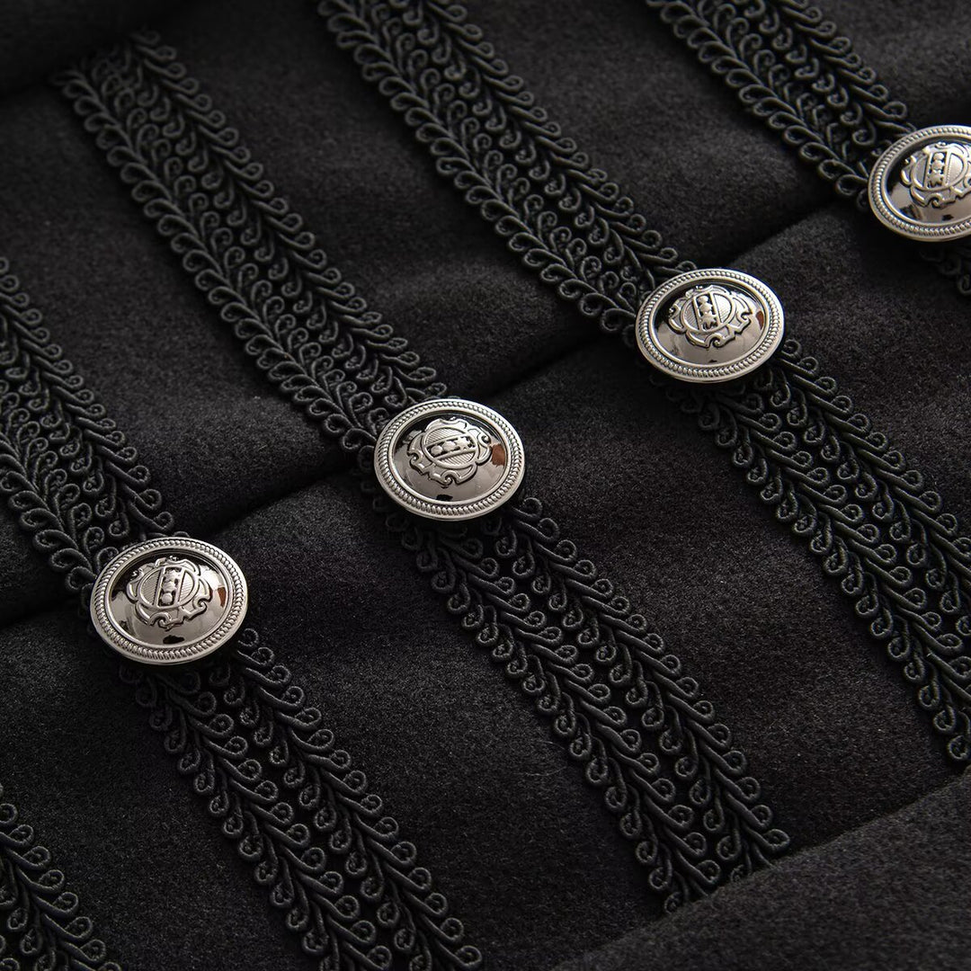 Women's short jacket in hussar style with stand-up collar, decorative cords and metal button placket Mune Fashion