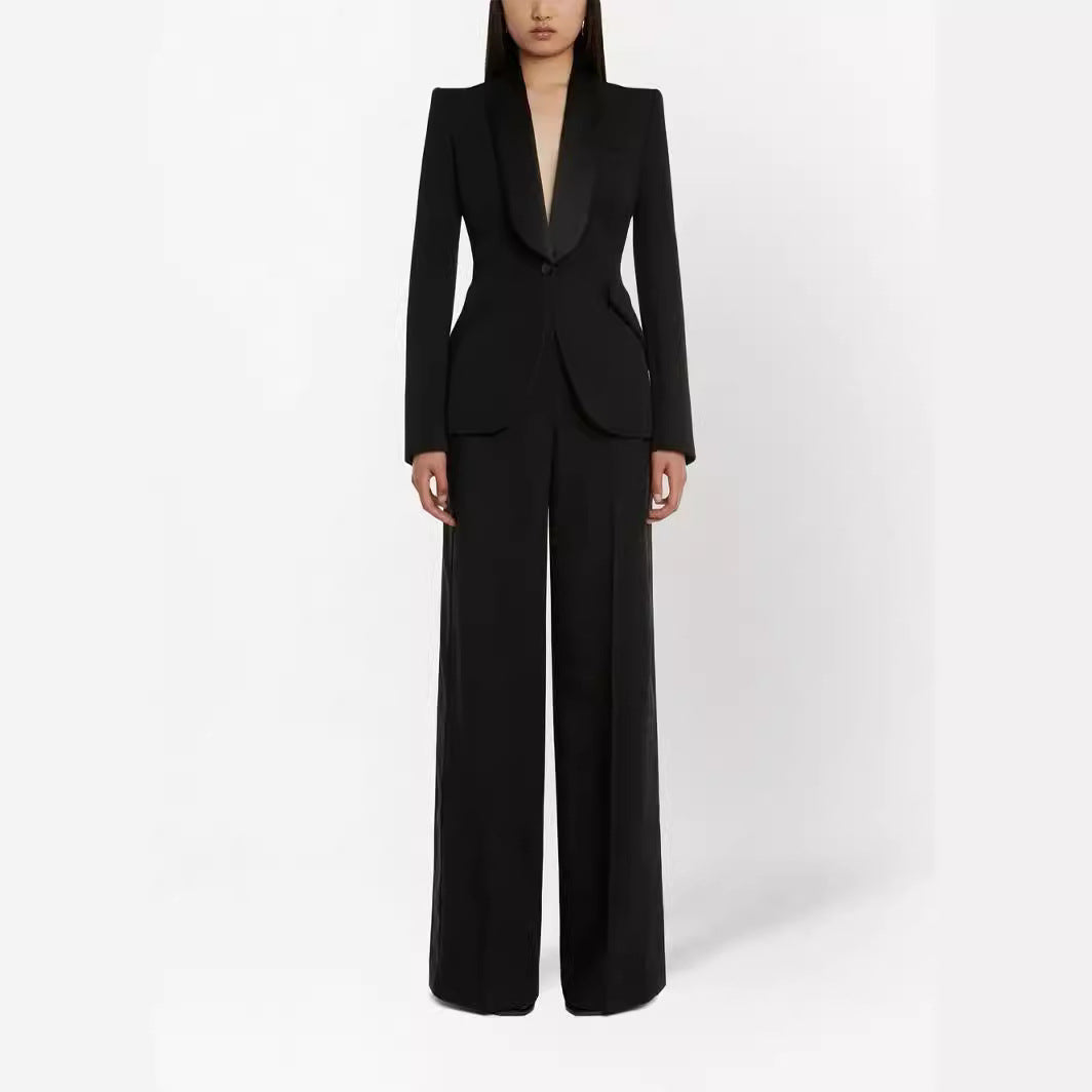 Women Elegant Tuxedo Set in Tailoring with Tailored Single-Breasted Blazer and Wide Palazzo Pants Mune Fashion