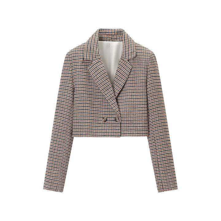 Women's Cropped Blazer in Houndstooth Pattern with Double-Breasted Button Placket Mune Fashion