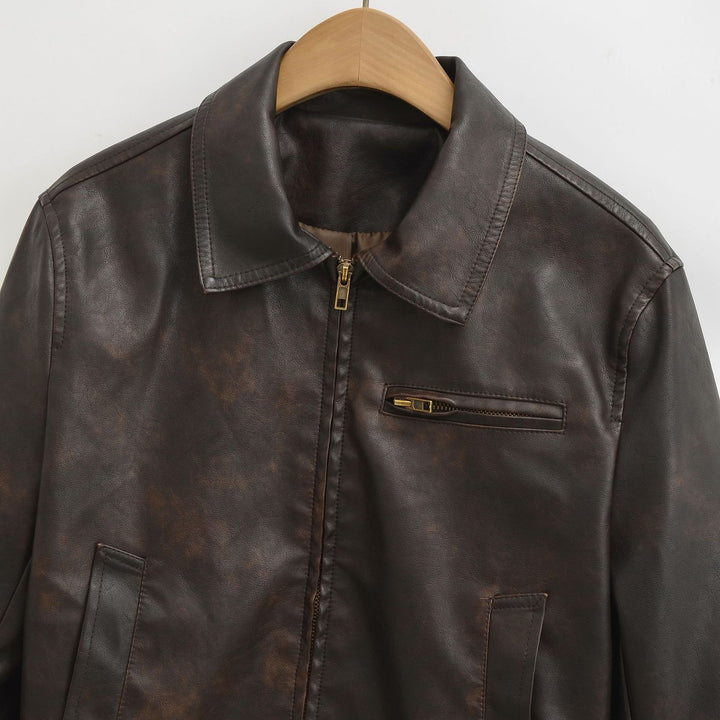 Men's vintage-inspired bomber style leather jacket with zipper and chest pocket Mune Fashion