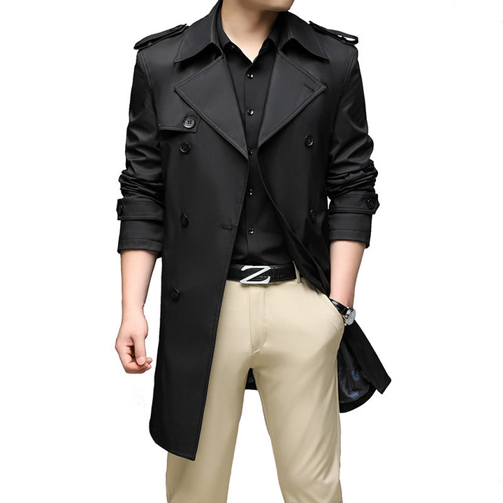 Men's Long Slim-Fit Double-Breasted Trench Coat with Epaulettes and Waist Belt Mune Fashion
