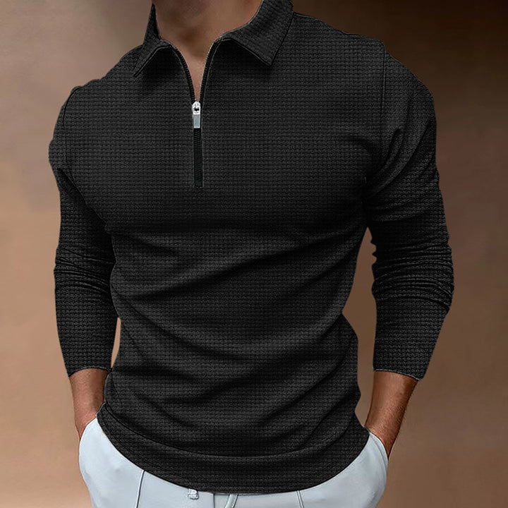 Men's Fine Waffle Knit Half-Zip Polo with Kent Collar & Long Sleeve Mune Fashion