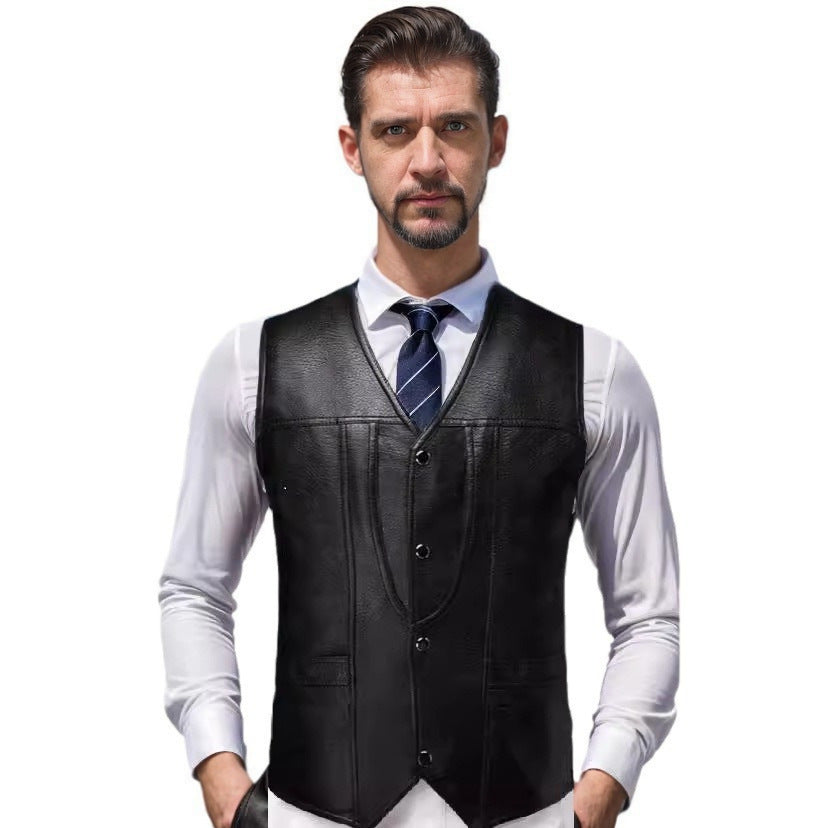 Men's Sleeveless Tailored Leather Vest with V-Neck, Decorative Seams and Button Placket Mune Fashion
