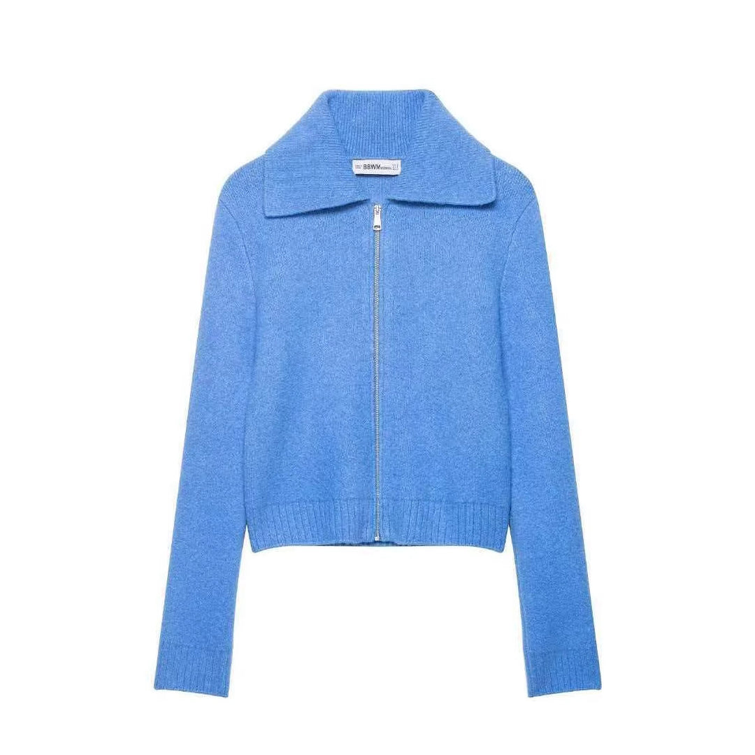 Ladies short-cut cardigan with zipper, wide shawl collar and ribbed hem Mune Fashion