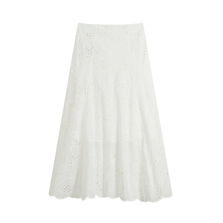 Women's midi skirt with broderie anglaise, flared A-line and curved hem Mune Fashion