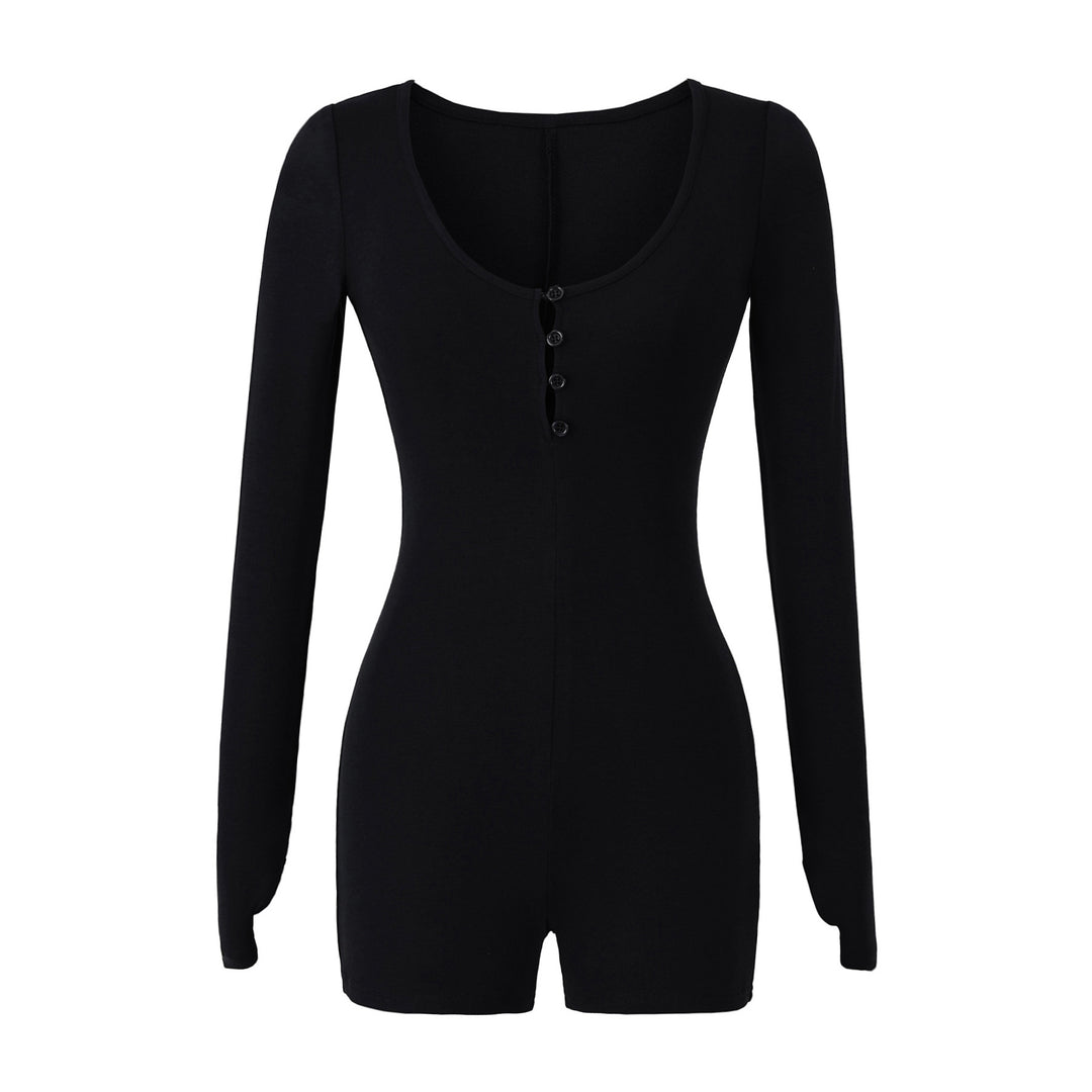 Women Fitted Long Sleeve Bodysuit with Button Placket and Short Shorts Mune Fashion