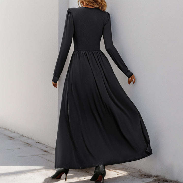 Women's maxi dress with V-neck and lace trim, fitted wrap top, long sleeves, and high slit Mune Fashion