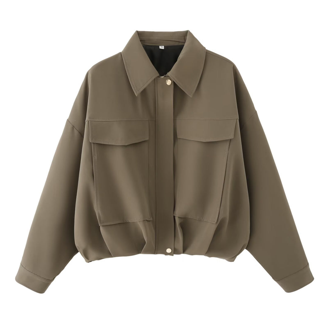 Women's Oversize Utility Jacket with Flap Pockets, Drop Shoulder and Elastic Hem Mune Fashion