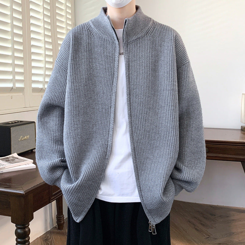 Men's Oversized Knit Zip Jacket with High Stand-Up Collar and Fine Rib Structure Mune Fashion