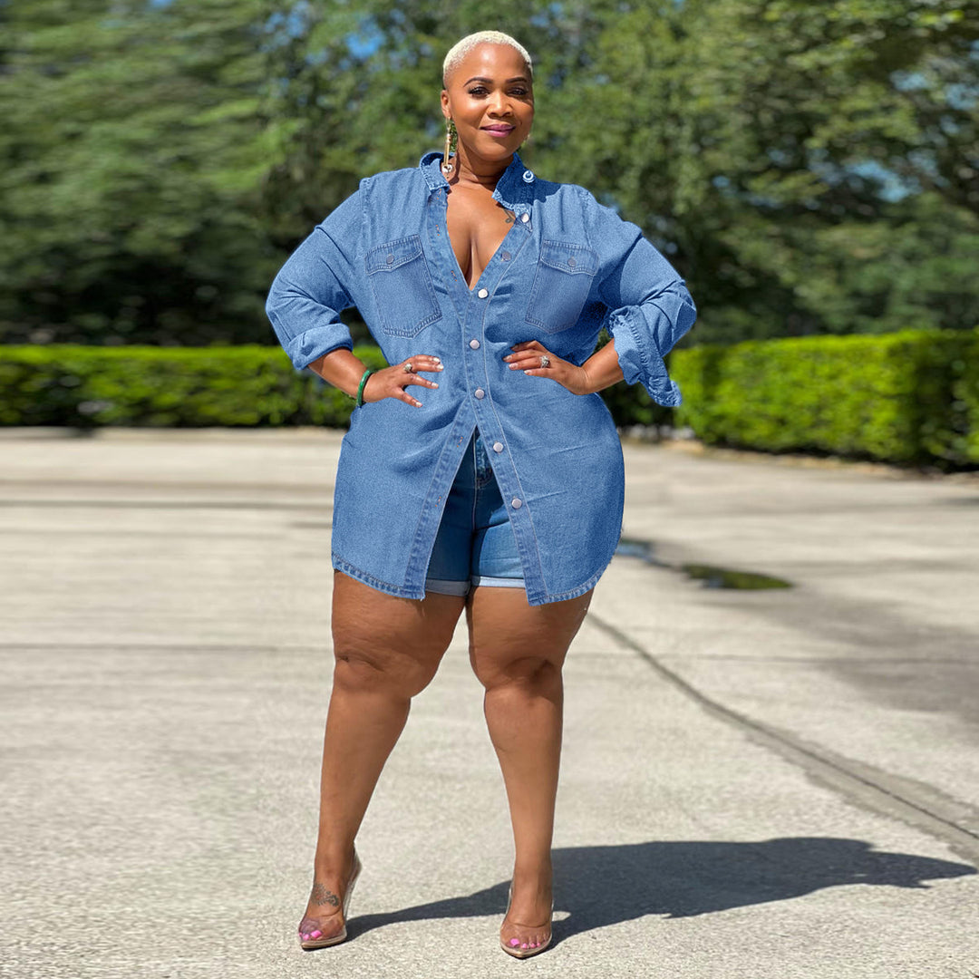 Ladies Oversized Denim Shirt Blouse in Longline Cut with Rolled Sleeves and Breast Pockets Mune Fashion