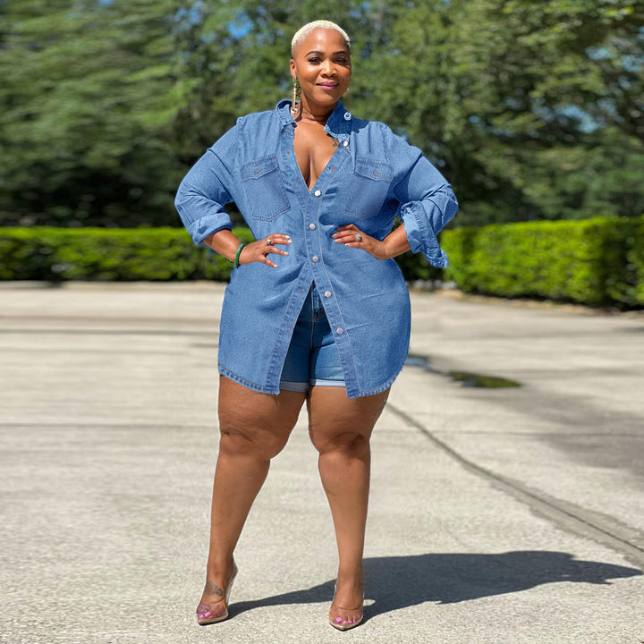 Ladies Oversized Denim Shirt Blouse in Longline Cut with Rolled Sleeves and Breast Pockets Mune Fashion