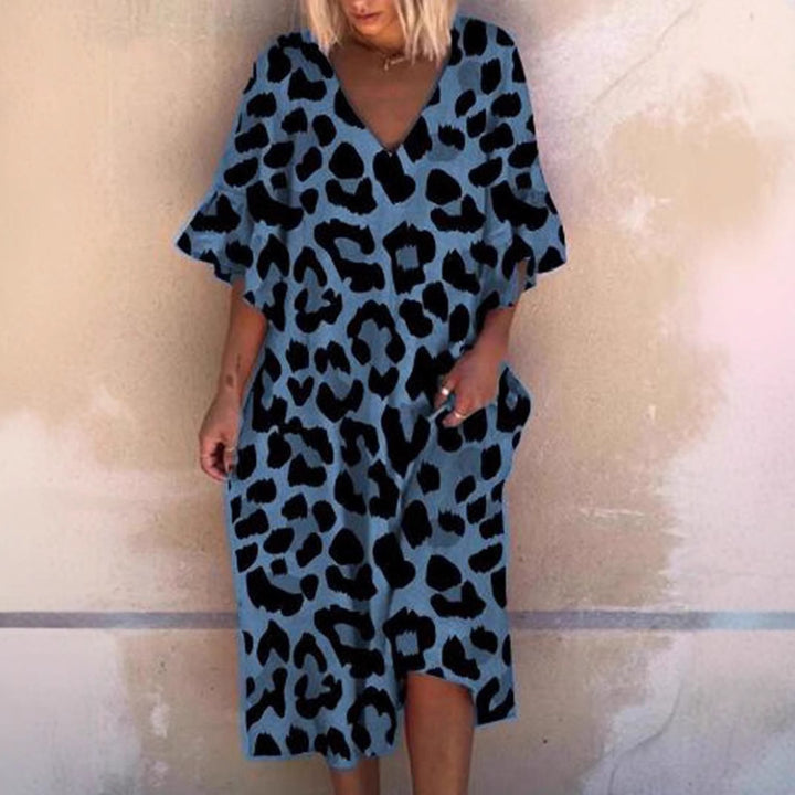 Ladies' casual midi dress in tunic style with V-neck, ruffled sleeves, and side pockets Mune Fashion